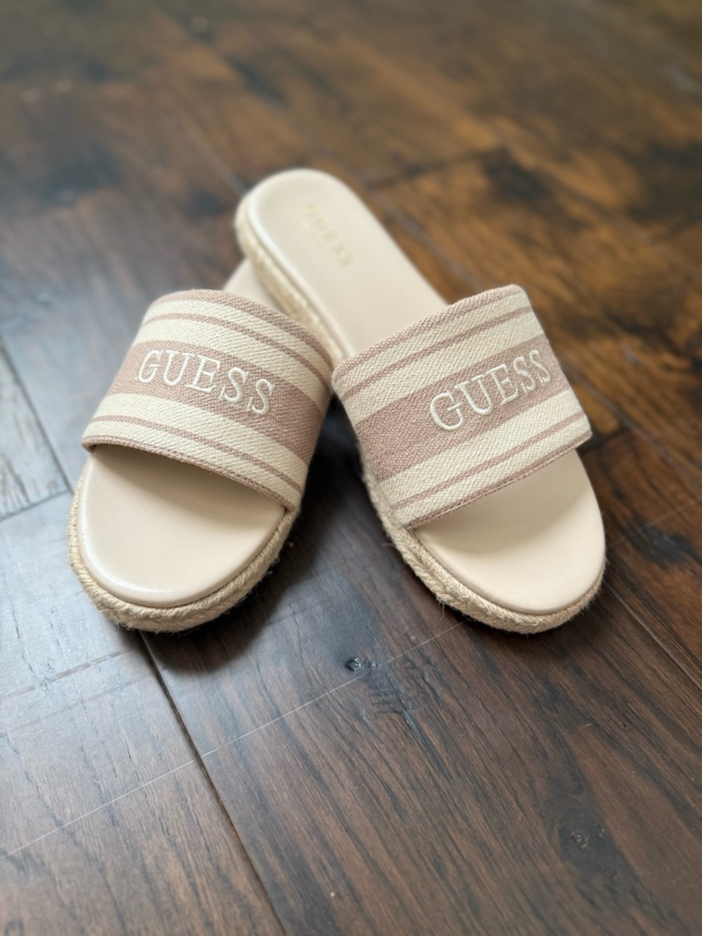 GUESS Beige and Tan Striped Espadrille Slide Sandals